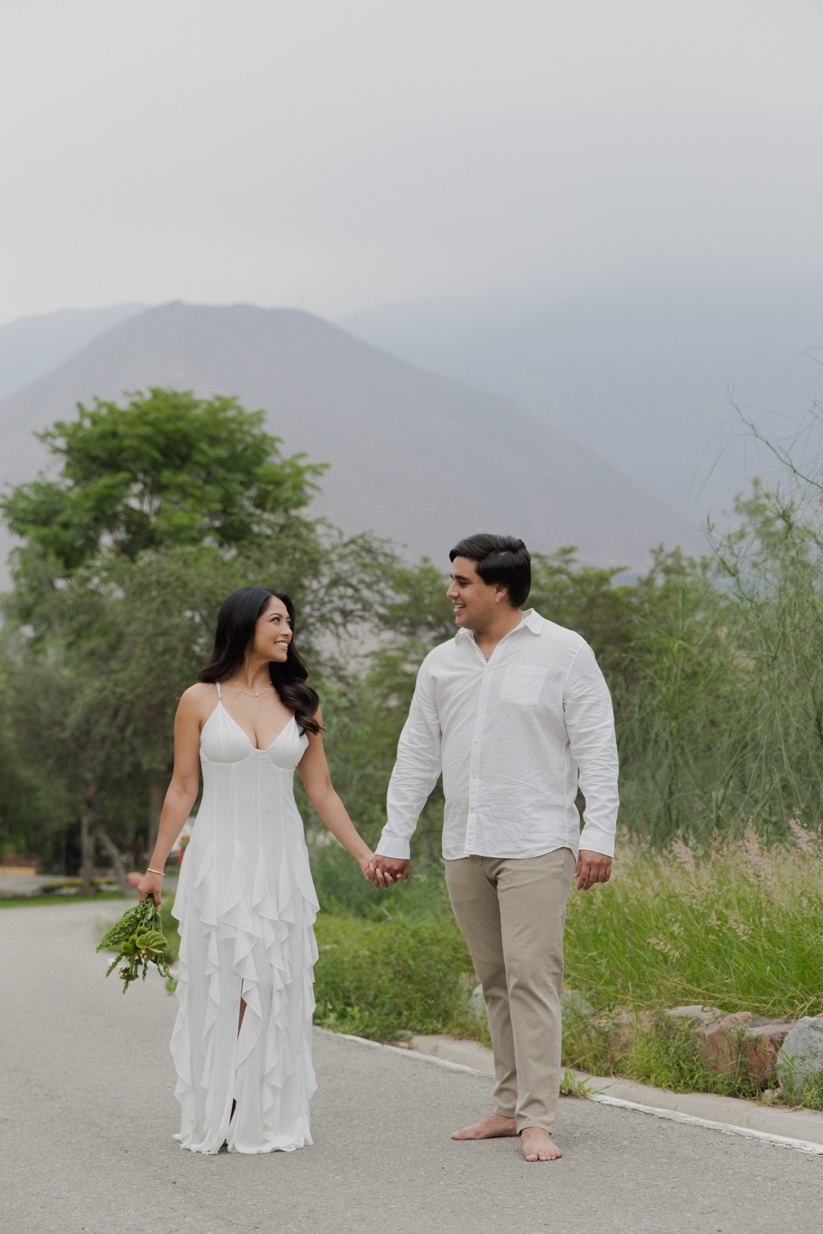 Tomados de la mano, sonriendo con las montañas